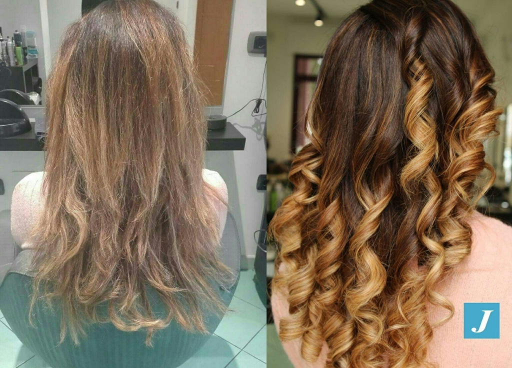 prima e dopo di un degradé biondo su capelli castani